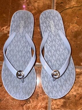Michael Kors Light Blue MK Logo Jelly Flip Flops